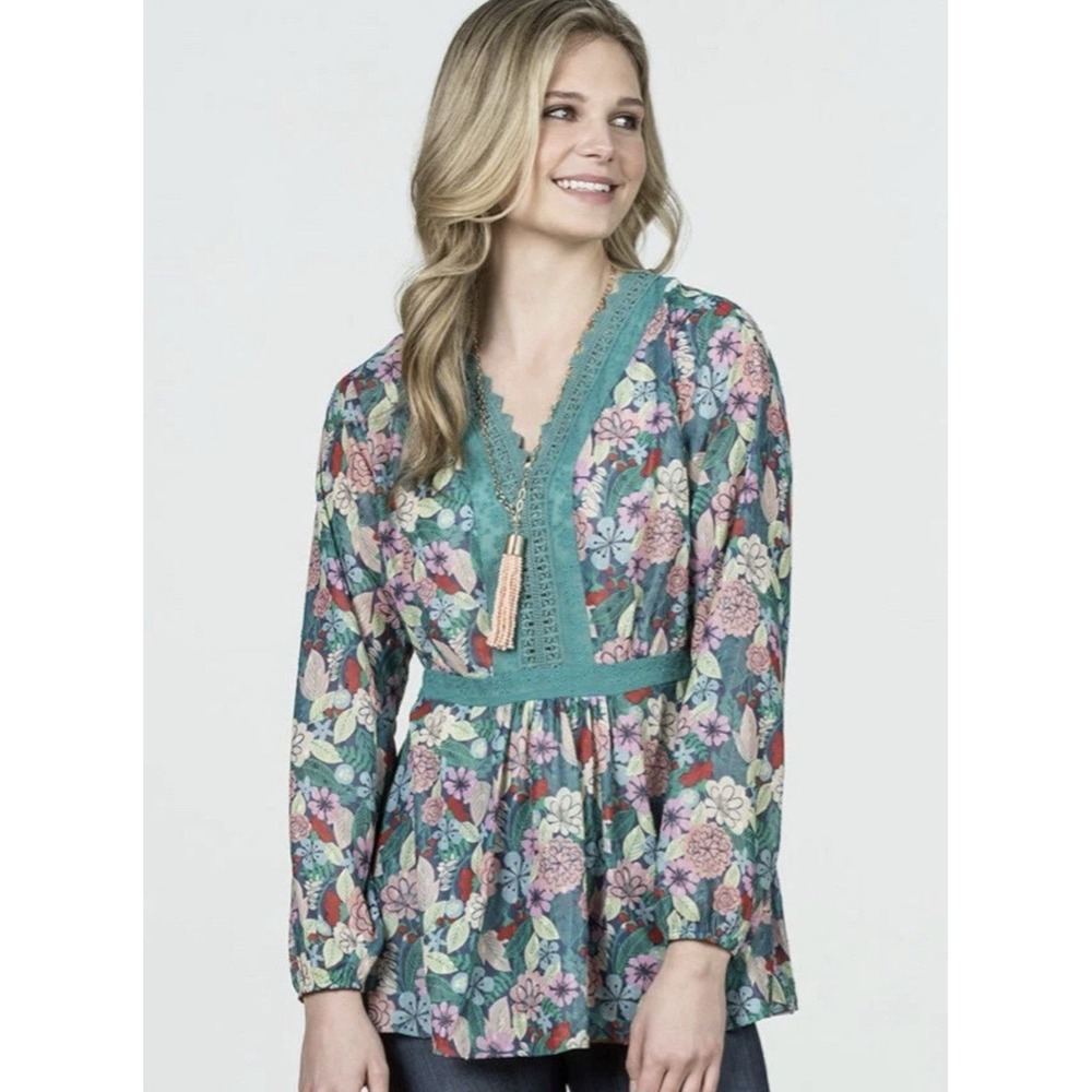 Matilda Jane Kookaburra Blouse Womens Large Teal Floral Peasant Swiss Dots Tunic